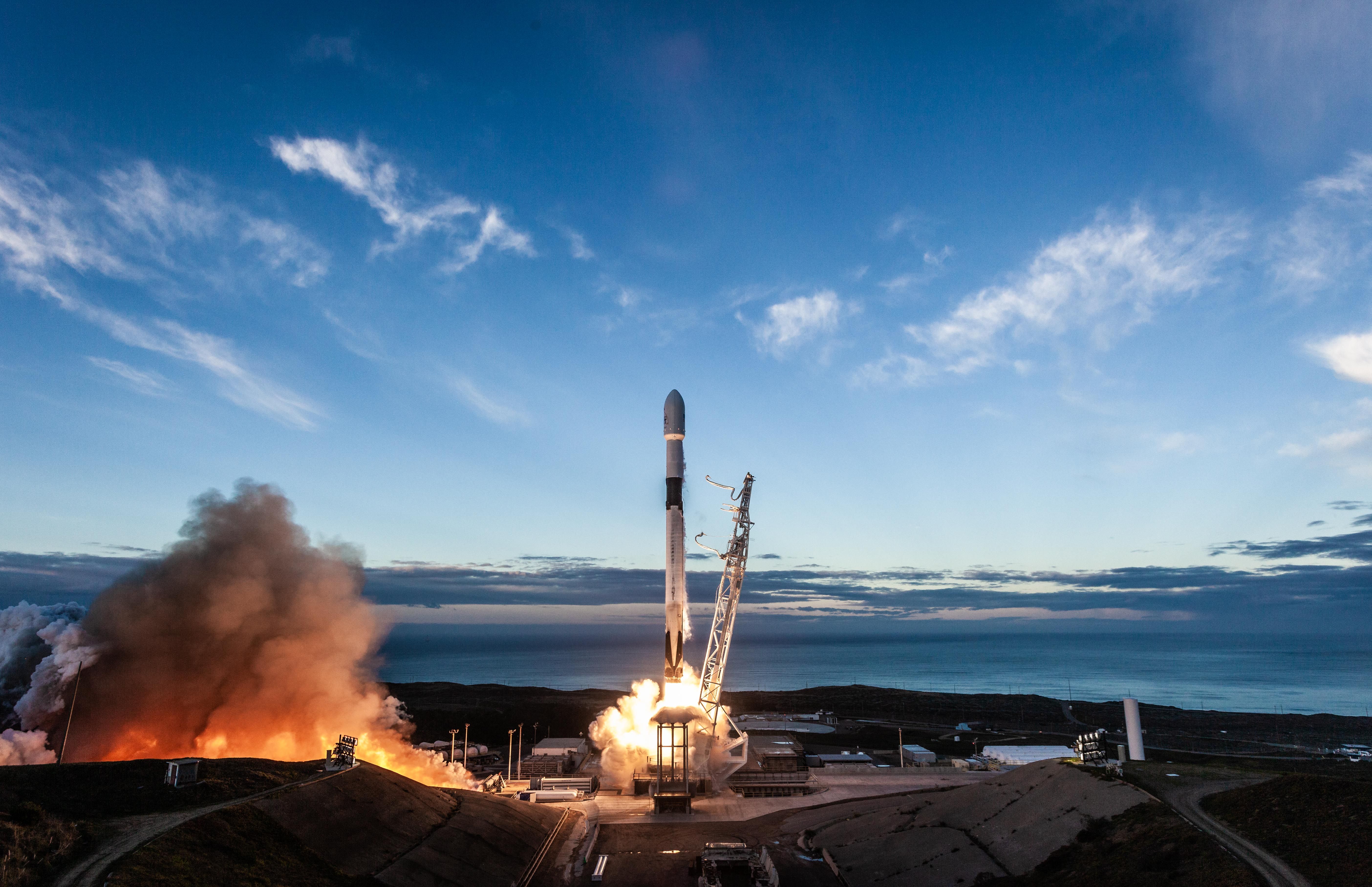 Rocket Space x with aluminium parts blue sky landing platform